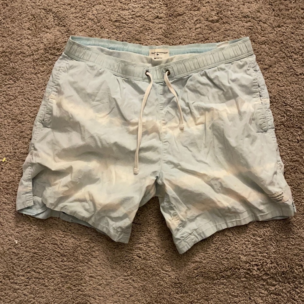Light blue and white tie dye swim trunks